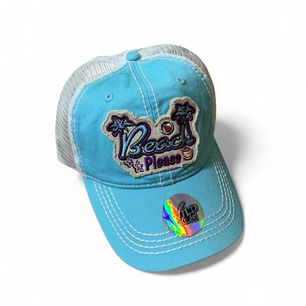 Wild Wear Beach Please Trucker Hat Blue White Mesh‎ Palm Tree Summer